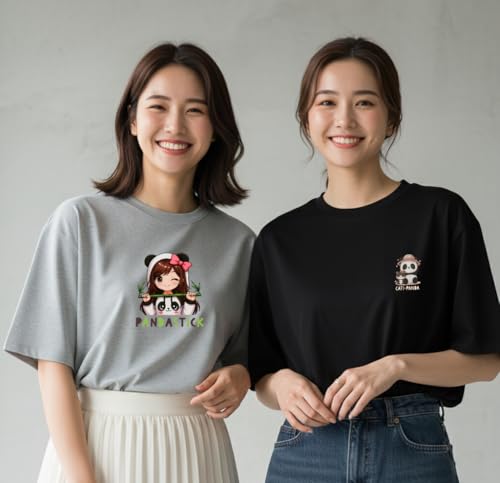 Image of Cotton Blend Drop Shoulder Oversized Baggy Fit Half Sleeve Printed Solid Round Neck T-Shirts Combo for Women & Girls | Pair of 2 T-Shirts |