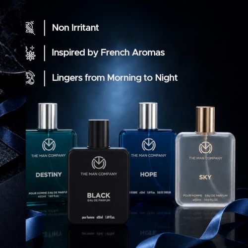 Image of The Man Company Premium Perfume Gift Set for Men (4 x 50ml) with Travel Pouch - Black, Hope, Destiny & Sky | Long-Lasting EDP & EDT Fragrances | Luxury Gift Set for Birthday, Anniversary & Valentine's Day