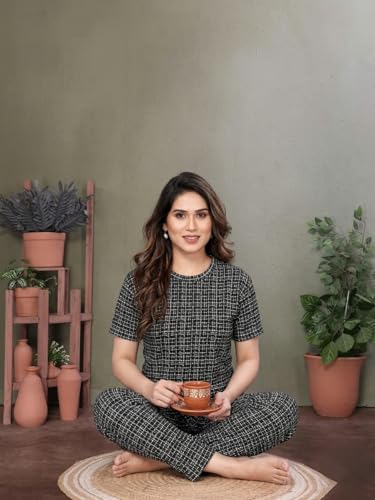 Image of VJ Fashion Women's Cotton Lycra Printed & Knitted Round Neck Night Wear Set of Top and Pazama