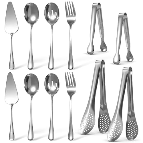 12 PCS Serving Utensils Set for Party Premium Stainless Steel Serving Utensils Large Servings Spoons, Forks, Tongs, Pie Server, for Buffet, Catering, Entertaining, Silver