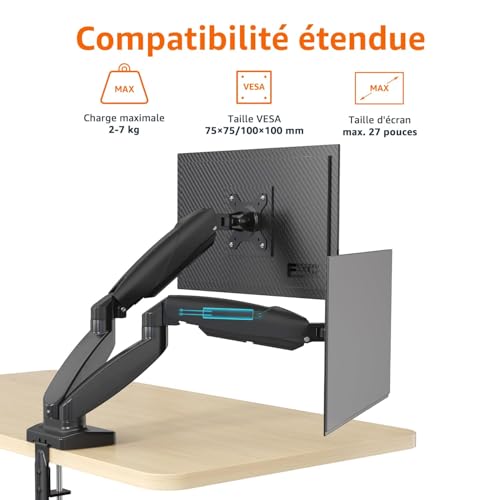 Amazon Basics Bras de Bureau à Vérin à Gaz pour Deux Écrans, Tension Réglable, Compatible avec Moniteurs de 38cm à 69cm", Supporte 2kg à 7kg par Bras, Compatible VESA 75mm×75mm et 100mm×100mm, Noir – vue 3