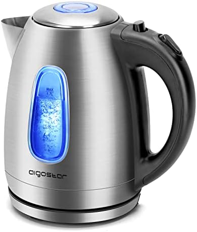 Aigostar Electric Kettle Cordless, 1.7L Fast Boil Quiet Kettle with Illuminated Blue Light, Stainless Steel Filter Kettle, Auto-Off & Boil-Dry Protection, 2200W Jug Kettle for Hot Water Tea or Coffee