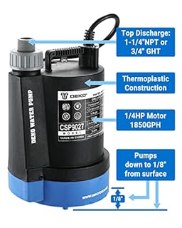 DEKOPRO Submersible Water Pump 1/4 HP 1850GPH Thermoplastic Utility Pump Electric Portable Transfer Water Pump for Pool Tub Garden Pond Draining