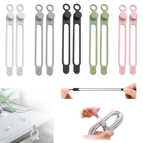 Morekfly Silicone Cable Ties, Data Cable Organizer, Reusable Cable Management, Multipurpose Elastic Cord Organizer, 5 Colors, 10 Pack