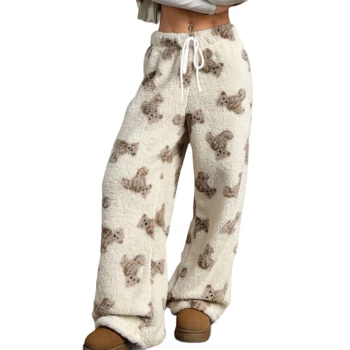 Christmas Flannel Bear Pajama Pants for Women Plush Fuzzy Pjs Pant Furry Pajamas Bottom Sleep Pants,Bear Small