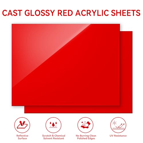 Image of Red Acrylic Sheet 12 inch x 16 inch, 2 Pack FFGODO Opaque Glossy Cast Plexiglass Sheets 1 /8 Inch Thick for DIY Display Projects, Wall Decor, Signage, Crafts, Easy to Laser Cutting & Engraving