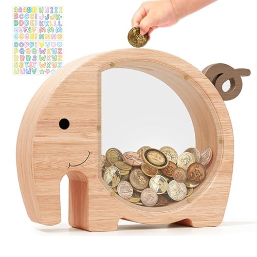 LdawyDE Tirelire Enfant en Bois, Tirelire Economie en Forme d'éléphant avec Autocollants Inclus, Design à Fenêtre Transparente, Convient aux Garçons et...