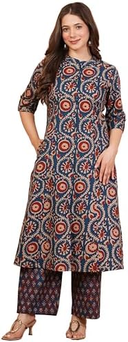 rytras Women Woman Pure Cotton Printed A-Line Kurta Sets with Palazzos|Kurti Set for Woman|Cord Set for Women Cotton