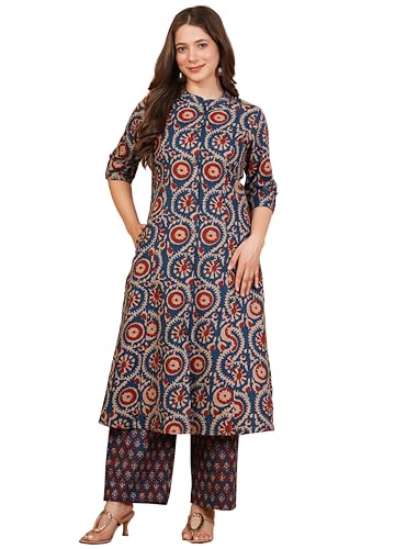 Image of rytras Women Woman Pure Cotton Printed A-Line Kurta Sets with Palazzos|Kurti Set for Woman|Cord Set for Women Cotton