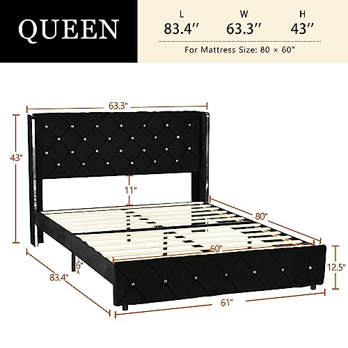 4 Ever Winner Queen Size Bed Frame With Headboard, Black Velvet Bed Frame Queen With Diamond Headboard And Wingback, Solid Wood Slats Support/Easy Assembly/No Box Spring Needed, Queen Size Bed Frames #TOP1