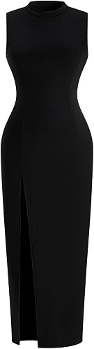 winkbay Women's Mock Neck Sleeveless Dress Elegant High Slit Bodycon Maxi Cockta