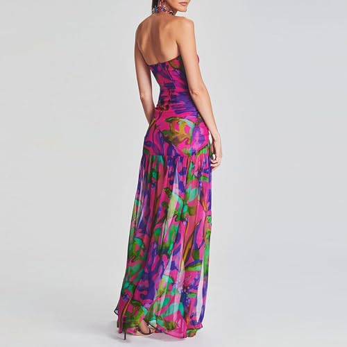 Image of Womens Strapless Maxi Dress Slim High Slit Mesh Long Dress Sexy Party Club Night Out Dress 2024 Summer Vacation