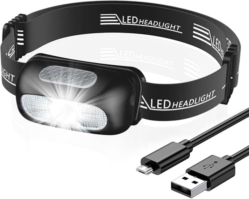 CIRYCASE Linterna Frontal LED Recargable, Linterna Cabeza Ultraligera con Luz Blanca Roja, IPX4 Impermeable & 5 Modos Luz Frontal Cabeza Ajustable 200 Lúmenes para Exteriores, Camping, Ciclismo, Niños