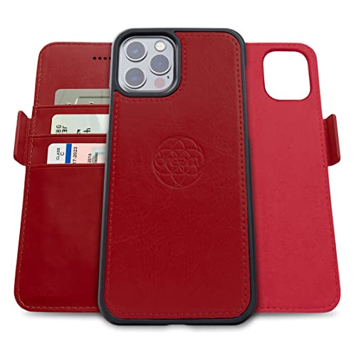 Image of dreem Fibonacci 2-in-1 Wallet Case for Apple iPhone 12 & 12 Pro - Luxury Vegan Leather, Magnetic Detachable Shockproof Phone Case, RFID Card Protection, 2-Way Flip Stand - Red
