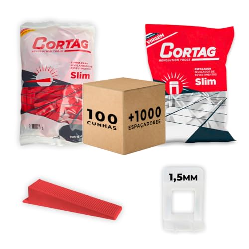 Espaçador Nivelador Slim C/1000 Pçs + Cunha Nivelamento Slim Cortag C/100 Pçs Azulejo Cerâmica - 1.5