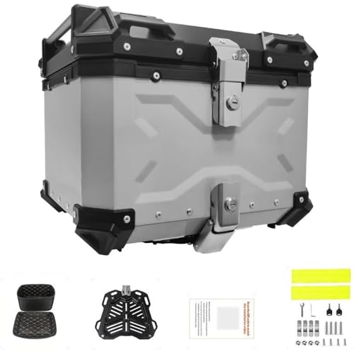 Kovwenz バイク用リアボックス 65L アルミニウム合金 トップケース 防湿耐圧 強力シール 耐久性 サイクリング テイクアウト (シルバー,65L(57x40x31cm))