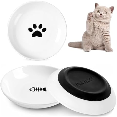 BamLue 3 Pack Cat Food Bowl,Healthy Ceramic Cat Bowls for Indoor Cats,Anti Whisker Fatigue Cat Dishes Set,Shallow Wide Kitten Plates for Food and Water,Non-Slip Silicone Bottom Cover