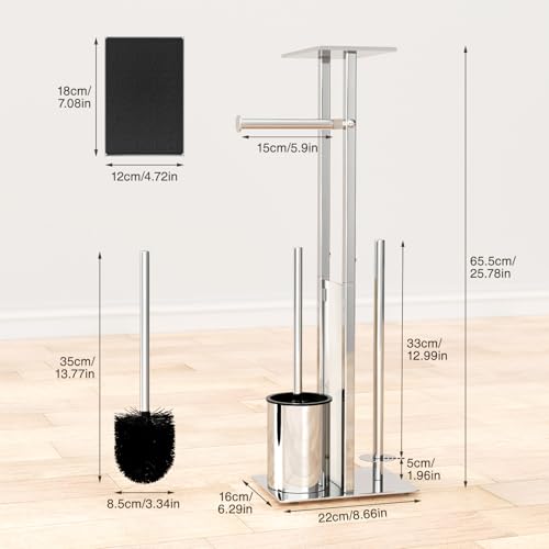 Toilet Roll Holder with Toilet Brush - Toilet Roll Holder Free Standing with Shelf for Wet Wipes, Toilet Roll and Brush Holder Free Standing, Silver Toilet Brush with Holder