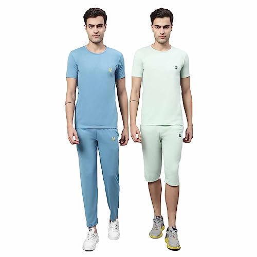 Image of Mack Jonney Cotton Solid Co-ord Set Tracksuit For Men (Pack of 2)-L.GRN T D13 BLU T D10 04-P