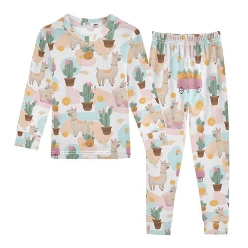 ALAZA Cactus Flower Alpaca Pineapple Pajamas Long Sleeve Sleepwear 2-Piece Pajama Set
