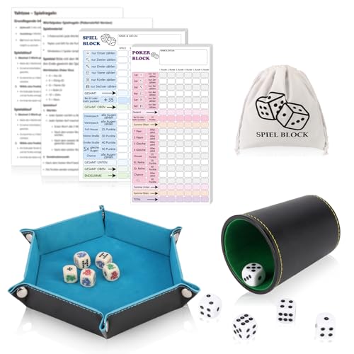 17 Stück Würfel Spiel Set Pokerwürfel Set Kniffelbecher 1 Leder Würfelbecher mit kniffelblock 5 Würfeln 5 Pokerwürfel 2 Punktetabelle 1 Würfelteller Filz 2 Spielanleitung Stoffbeutel für Yahtzee