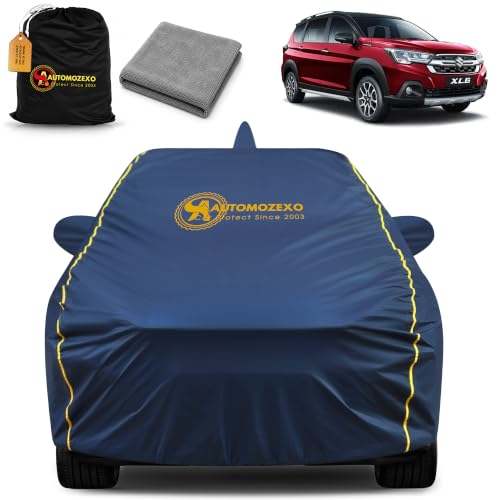 Image of Maruti XL6 100% Waterproof Car Cover (Midnight Blue) 6LYR HDPE 200gsm Strong Fabric for All Weather Protection, Mirror & Antenna Pocket, Cotton Layer Cover, Adjustable Elastic Straps
