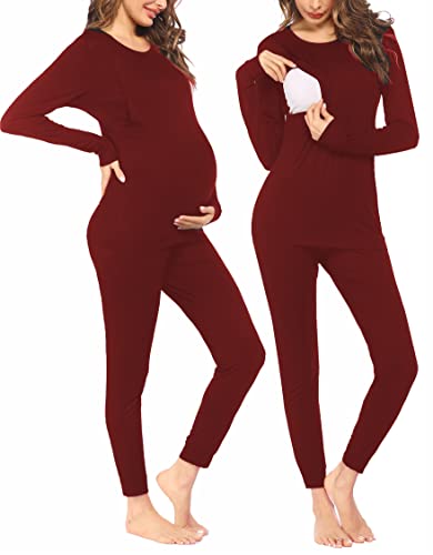 Image of Ekouaer Maternity & Nursing Thermal Underwear Set Striped Knit Long Johns Set Top & Bottom Base Layer for Pregnant Women