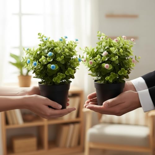 Image of Artificial Eucalyptus Potted Plants - Set of 2 Faux Greenery with Baby Breath Blue & Pink Flowers | Small Decorative Plants for Home, Office, Table & Gift