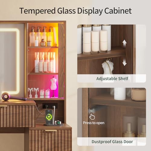 Image of Big Vanity Desk, Fluted Makeup Vanity with Mirror Lights, Walnut Vanities