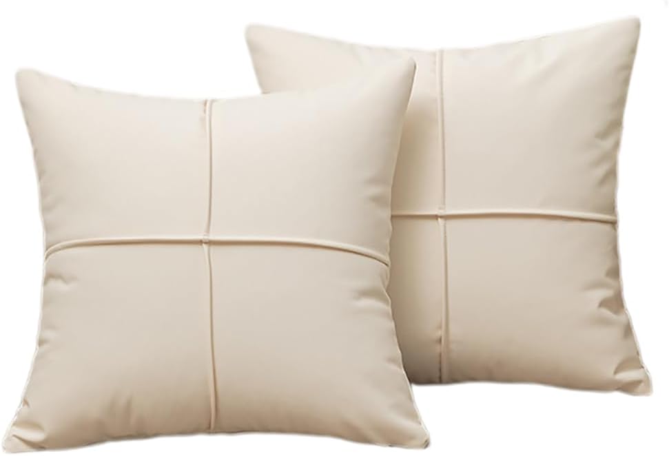 2 pcs Faux Leather Pillow Covers Modern Decorative 18X18 Inch Cushion Cover for Couch Sofa Chair Bed (Ivory)