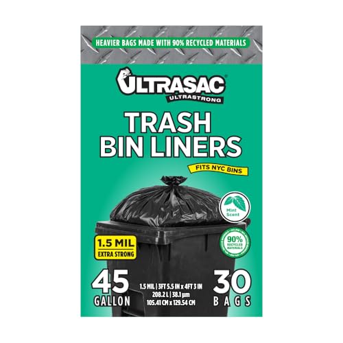 Ultrasac 45 Gallon 1.5 MIL Black Mint Scented Trash Bags - 41.5 x 51 - Pack of 30