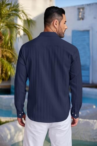 Image of FINIVO FASHION Men's Casual Cotton Plain Button Down Shirt Long Sleeve Textured Summer Beach Shirt for Men