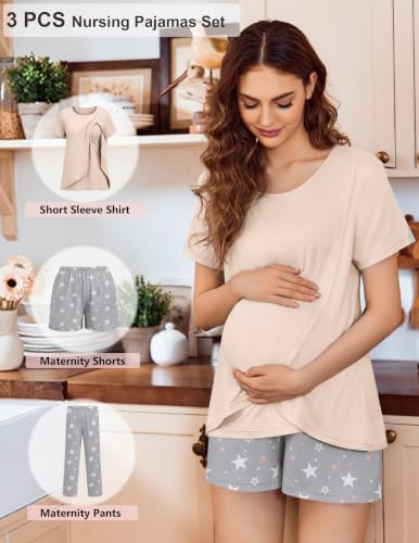 Image of Ekouaer 3 PCS Maternity Nursing Pajamas Set Postpartum Breastfeeding PJS | 3-Piece Set, Including Short Sleeve Shirts, Pregnancy Shorts & Pants, Buttery Soft, Skin-Friendly Feel