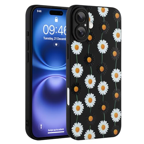 Image of Designed for iPhone 16 Plus Case, Cute Daisy Flower Floral Pattern Design, Slim Soft TPU Liquid Silicone Protective Cover for Women Girls - Black