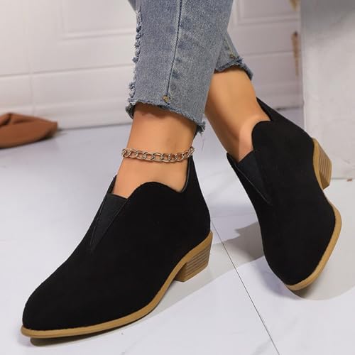 Womens Ankle Boots V Cut Out Pointed Toe Chunky Stacked Heel Dressy Classic Booties Women's Casual Work Comfortable Dress Low Heels Short Boots Fashion Pull On Ankle Booties for Women4
