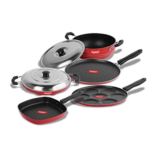 Image of Sumeet Aluminium 2.6mm Thick Non-Stick Rubrum Cookware Set (Dosa Tawa 26.5cm Dia + Multi Snack Maker 26.5cm Dia + Kadhai with Lid 1.5Ltr + Grill Appam Patra with Lid 23cm Dia + Grill Pan 1.1Ltr, Red)