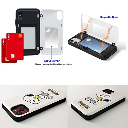 [Iphone 14 Mirror Wallet Case] Kubrick Peanuts Snoopy Case Card Holder Mirror Bumper Phone Case Dual Layers Polyurethane Shockproof Uv Printing (Snoopy) #TOP1