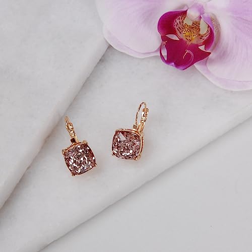 Square Earrings for Women - Rose Gold Tone Earrings for Women - Fancy Rose Gold Tone Leverback, Pink Glitter Sparkle Dangle Stud - Big Dressy Dangly Drop - Dangling Pink Lever Back Sparkly Large Stone by Humble Chic NY - Used condition - Image 3