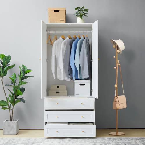 LEVNARY Wardrobe Armoire Closet, 2-Door Wardrobe Cabinet with 3-Drawer and Hanging Rod, Bedroom Armoire Cabinet Clothing Organizer Freestanding Closet (White)