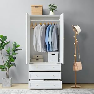 LEVNARY Wardrobe Armoire Closet, 2-Door Wardrobe Cabinet with 3-Drawer and Hanging Rod, Modern Bedroom Armoire Clothing Organizer Freestanding Closet (White) LEVNARY Wardrobe Armoire Closet 2 Door Wardrobe Cabinet with 3 Drawer and Hanging Rod Modern Bedroom Armoire Clothing Organizer Freestanding Closet White