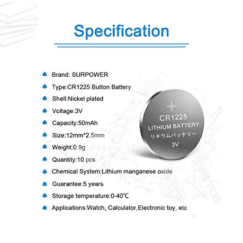 Surpower 10 -Pack Cr1225 3V Battery For Thermometer Cr 1225【5-Year Warranty】 #TOP4