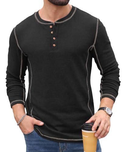 Sailwind Men's Henley Shirts Long Sleeve Button T-Shirt Casual Stylish Pullover Shirt Black