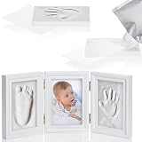 Baby Photo Frame Imprint/Ink Set - Rahmen für Handabdrücke, Füße und Fotos; Geschenkset zur Geburt, Taufe, Trennung mit Kind etc. 3-teilig weiß (Gips)