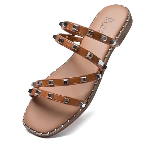 Ruiee Flat Slides Sandals for Women, Pearl Decor Slide Sandal Sparkly Bling Dressy Comfortable Casual Bride Wedding Summer Slip on Womens Sandals. 6 Black 223