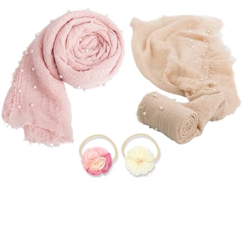 2 PCS Newborn Photography Props Wrap Knit Handmade Pearl Decor Wrap Blanket Swaddle Baby Photo Props Baby Photoshoot Props Wraps Newborn Photography Wraps Newborn Photo Props(Snow Powder/Beige)
