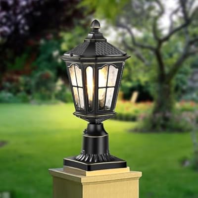 XANGQAN Dusk to Dawn Post Lights Hardwired 120V with Pier Mount Base, Anti-Rust Outdoor Pole Lantern Light Fixture with Water Ripple Glass, Outside Black Aluminum Exterior Lamp for Patio