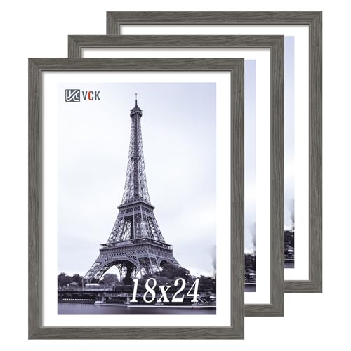 Image of VCK 18x24 Poster Frame Solid Wood Gray Grey 3 Pack Picture Frames 18 x 24 Inches with Wall Mounting Hanging