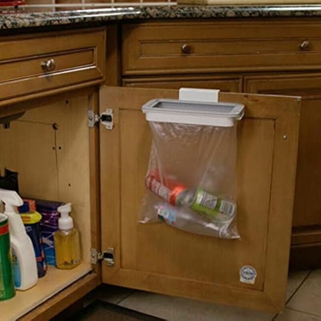 Hanging Trash Bag Holder with Lid Over Cabinet Garbage Bag Rack for Kitchen, Trash Holder with Lid
