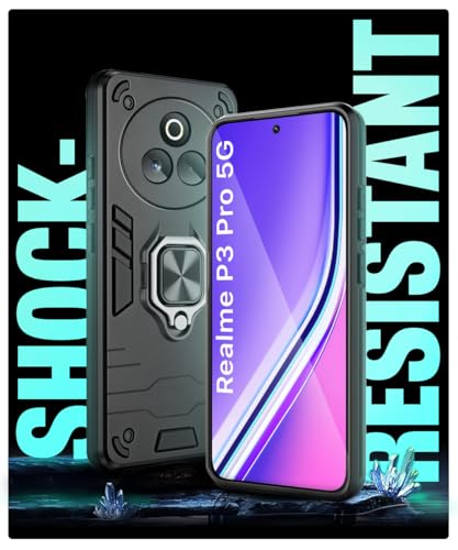 Image of WOW IMAGINE Shock Proof Back Case Mobile Cover for Realme P3 Pro 5G | Back Cover Case (Tough Armor | Hybrid PC + TPU | Ring Holder & in-Built Kickstand | Black)