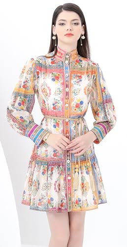 Image of LAI MENG FIVE CATS Women's Floral Print Lantern Sleeve Ruffle Casual Button Belted Thin Loose Fit Mini Dress